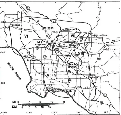 Figure 1-1 :  Intensités macrosismiques (échelle de Mercalli modifiée) dans la zone de Los Angeles pour le séisme de  Whittier Narrows, 1987  [d’après Kawase &amp; Aki, 1990]