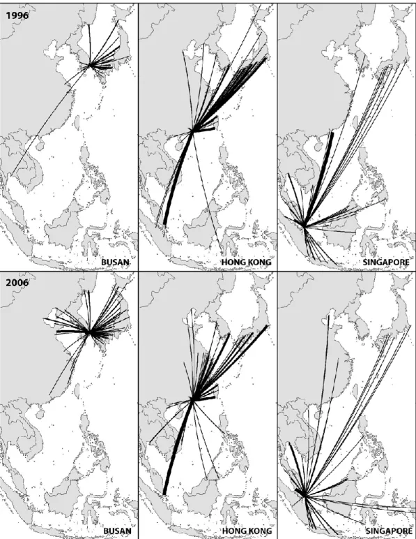 Figure 5a. Nodal regions of main East Asian hub ports, 1996-2006  Source: realized by authors based on LMIU data 