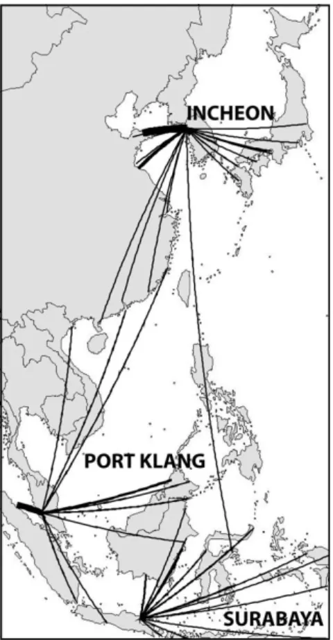 Figure 5b. Nodal regions of emerging East Asian hub ports, 2006  Source: realized by authors based on LMIU data 