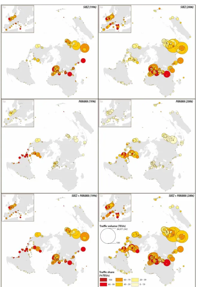 Figure 3. Canal-dependent traffic at world ports in 1996 and 2006 