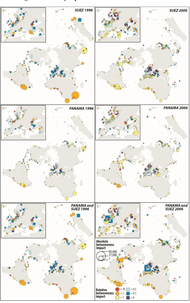 Figure 5. Centrality impacts of canal removal in 1996 and 2006 