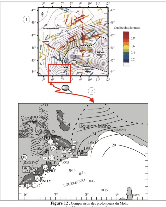 Figure 12  : Comparaison des profondeurs du Moho   sous les Alpes sud-occidentales françaises