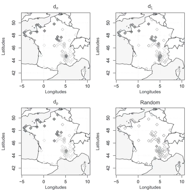 Figure 6. Candidate sites for removal from the original set of 74 stations in X + ; see Figure 1