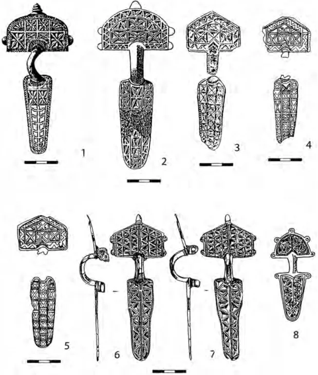 Fig. 8.  Les fibules du type Bretzenheim (1-7) et leurs imitations (8).  