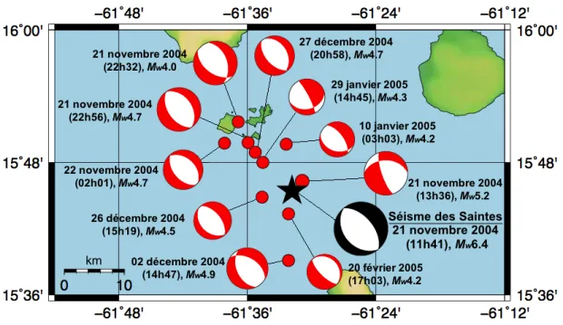 Figure 2.5. Localisation et mécanisme au foyer du choc principal des Saintes (en noir) et de ses 10 principales répliques ( 4.0 ≤ M w ≤ 5.2 ) (en rouge).