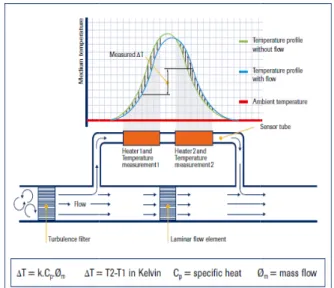 Figure 1: Sch sor’s principl made of a st hermometer el ws through this ing elements s T1 and T2 s directly prop In the main  tented lamina inless steel di ___________________ ________ technik.com  FLOW C STAB Bougy, N