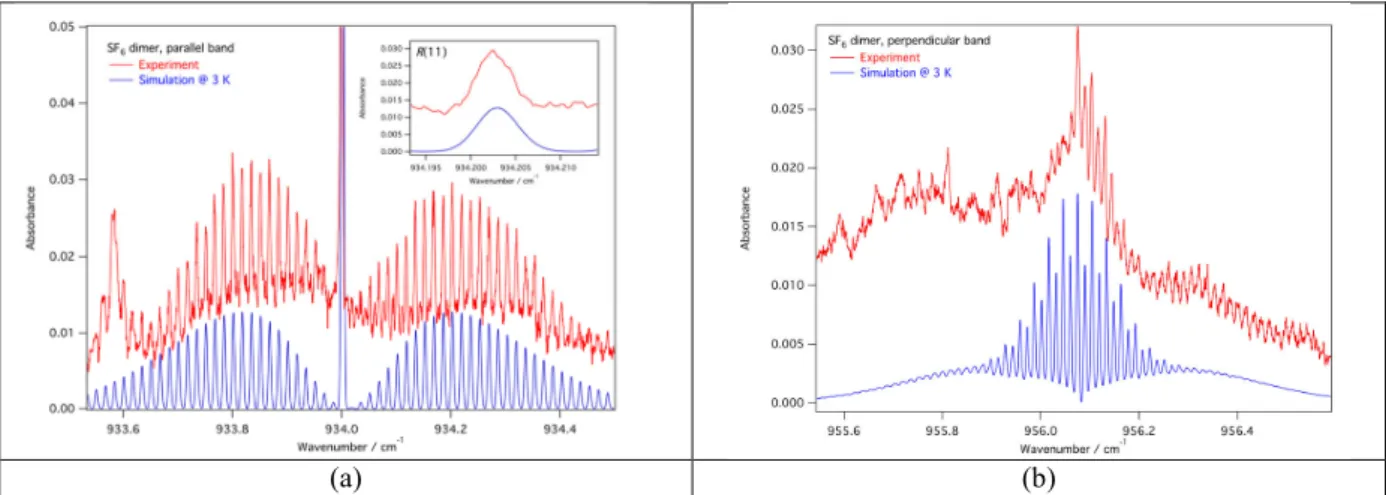 FIGURE 4.  Conformer #1: Experimental spectra (in red) of the parallel (a) and perpendicular bands (b) compared to the  corresponding simulated spectra in blue 