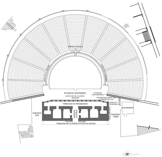 Figure 1Plan du théâtre d'Aphrodisias situant les éléments évoqués dans le texte 