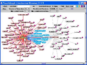 Figure 4 Visualisation de deux représentations de diaristes dans Touchgraph. Les  items rouges représentent des utilisateurs, les items bleus les centres d’intérêt