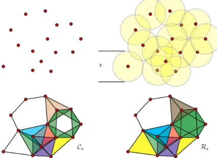 Figure 2.1 is an example of a ˇ Cech (bottom left) and a Rips(bottom right) complex of a point set.