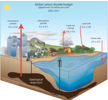 Figure 1. Schematic representation of the overall perturbation of the global carbon cycle caused by anthropogenic activities, averaged glob- glob-ally for the decade 2002–2011