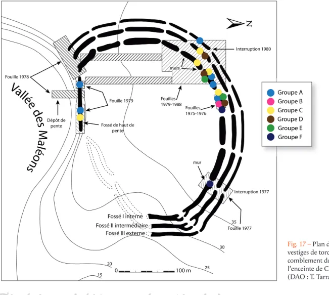 Fig. 17 – Plan de répartition des vestiges de torchis dans le comblement des fossés de l’enceinte de Champ-Durand (DAO : T