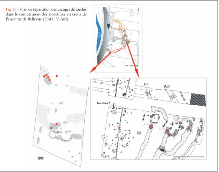Fig. 18 – Plan de répartition des vestiges de torchis dans le comblement des structures en creux de l’enceinte de Bellevue (DAO : V