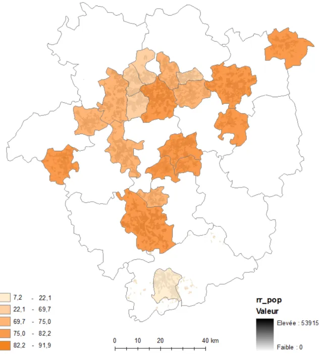 Figure 6 : Taux d’indépendance des cantons urbains de la région Rhin-Ruhr (en %). 