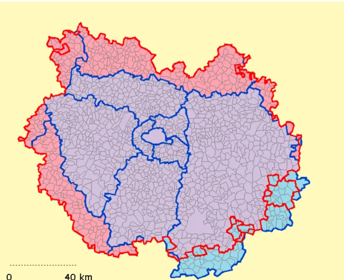 Figure  1 :  aire  urbaine  de  Paris  (en  rouge)  et  Ile-de-France  (en  fond  bleu,  les  départements  étant  séparés par les traits bleus) 