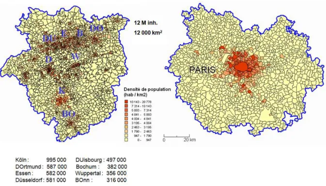 Figure  3 :  Densités  de  population  de  la  région  Rhin-Ruhr  (à  gauche)  et  de  l’aire  urbaine  de  Paris  (à  droite), à la même échelle