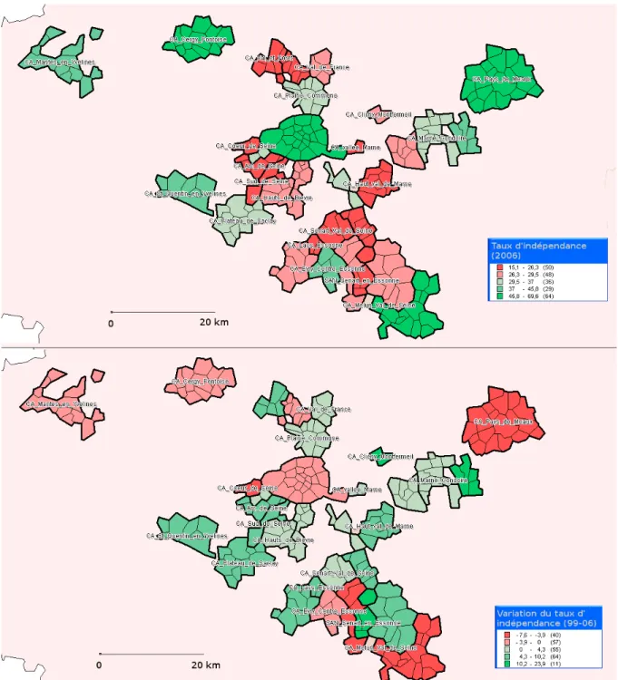 Figure 4 : taux d’indépendance des communautés d’agglomération en 2006 (haut), et pourcentage  de variation avec la situation de 1999 (en bas)