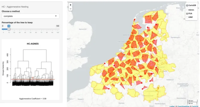 Figure 3. Snapshot of the map showing AGNES clusters with the Functional Urban Areas as  background, for visual comparison