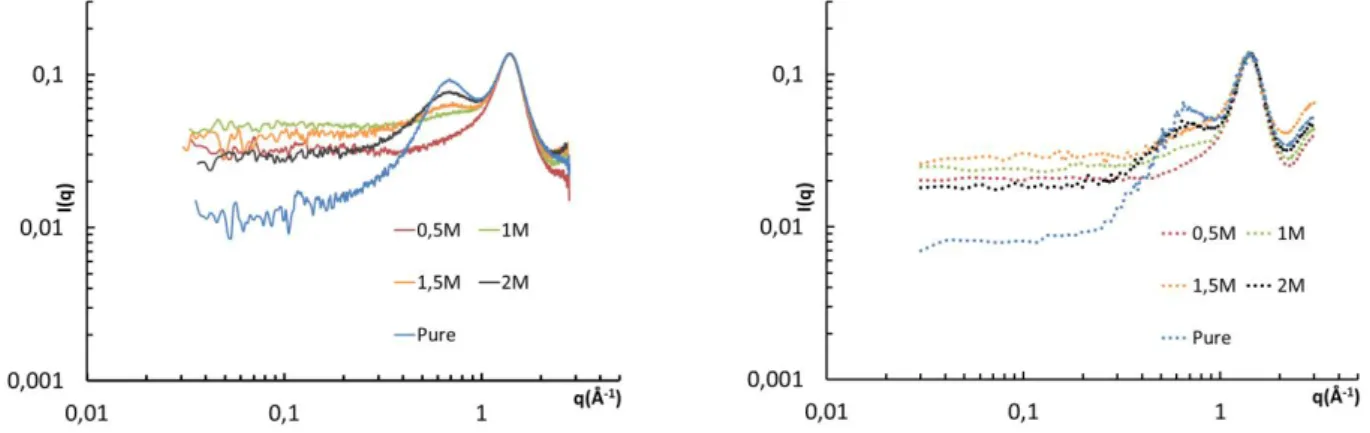 Figure  1:  Experimental  (left)  and  calculated  (right)  SWAXS  intensities  for  organic  solution  of  DEHBA in n-heptane after water extraction with increasing extractant concentration