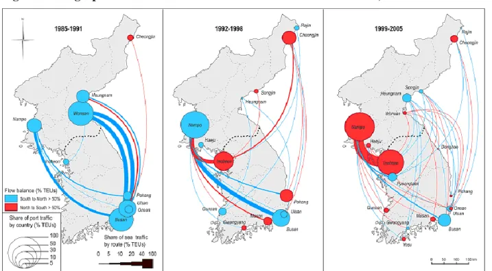 Figure 4: Geographical evolution of inter-Korean maritime connections, 1985-2005 