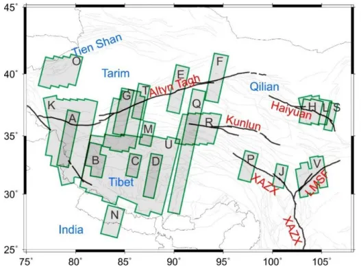 Figure 1.11. Map showing the distribution of published InSAR studies of interseismic deformation  in Tibet