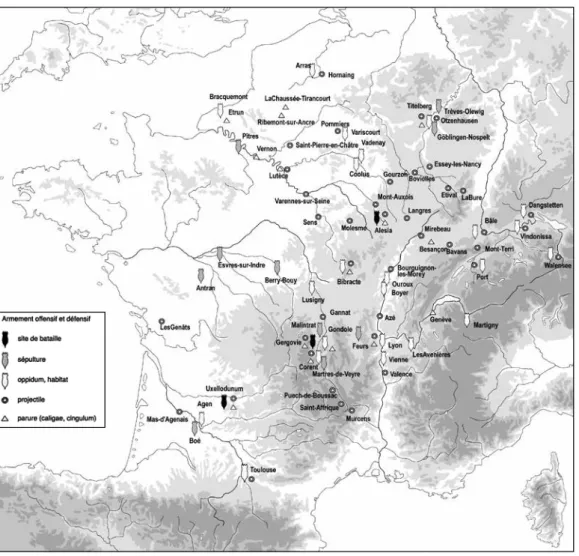 Fig. 1  la répartition des principales catégories de militaria répertoriés en Gaule entre la période césarienne et le début de la période  augustéenne