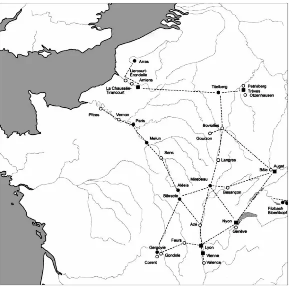 Fig. 2  la localisation et la mise en réseau des camps (en noir) et postes de surveillance (en blanc) militaires reconnus à ce jour en Gaule  septentrionale et orientale