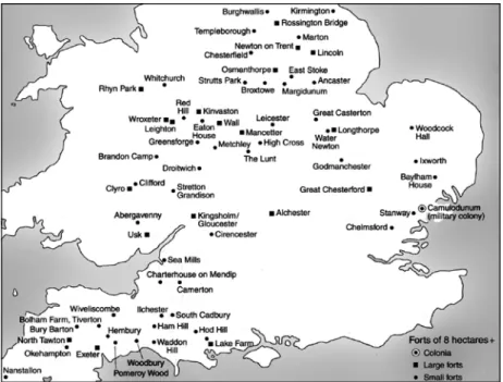 Fig. 6  Sites militaires de Bretagne, entre  58 et 70 ap. J.-c. – (d’après M. Todd, The  claudian conquest and its consequences
