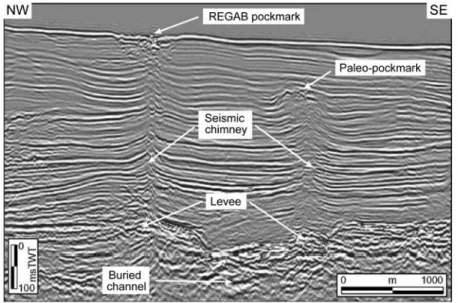 Figure 8. Two dimensional high resolution seismic profile across the Regab pockmark: the seismic chimneys are interpreted as an ascending movement of fluids from an ancient buried channel-levee system (after Gay et al.