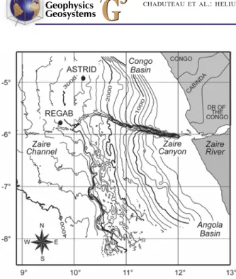 Figure 3. Location of the Regab zone on a Simrad EM-12 multibeam sonar image of the Zaire deep-sea fan.