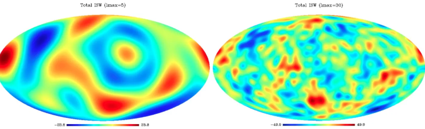 Figure 12. Reconstructed ISW field due to both 2MASS galaxies and NVSS for ` = 2 − 5 (left) and