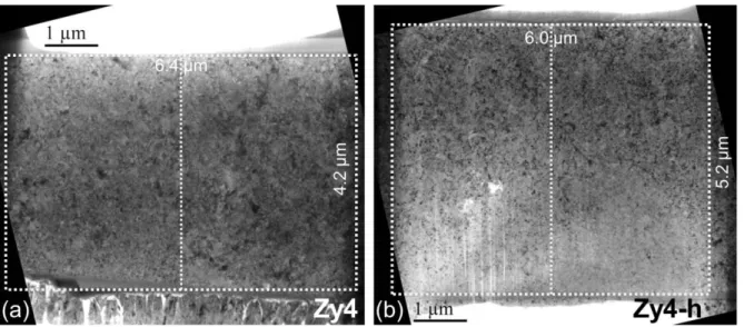 FIG. 3  -  Bright-field TEM images of the FIB thin areas taken about 1 µm away from the oxide/metal  interface, in the oxide layer formed on  a) Zy4  and b) Zy4-h