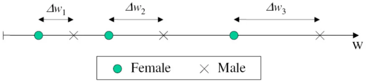 Figure 1: Distribution of males and females along a job ladder