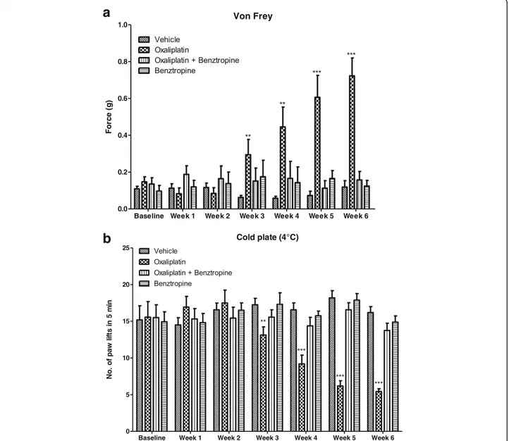 Fig. 2 In vivo effects of oxaliplatin and benztropine on chronic oxaliplatin peripheral neuropathy