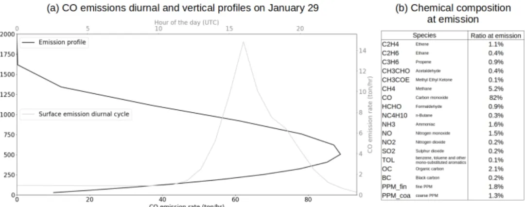 Figure A1. (a) CO emissions diurnal (gray line) and vertical (black line) profile on 29 January at the grid point of maximum intensity