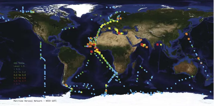 Figure 8. Maritime Aerosol Network global coverage: cruise tracks and daily averages of aerosol optical depth are shown.