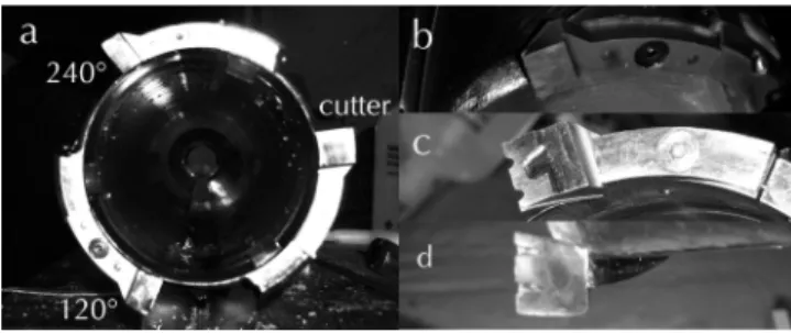 Fig. 2. (a) Heavily damaged core retrieved from 2552.5 m during run 1187, (b) centring tools and (c) 30 mm brass piece.