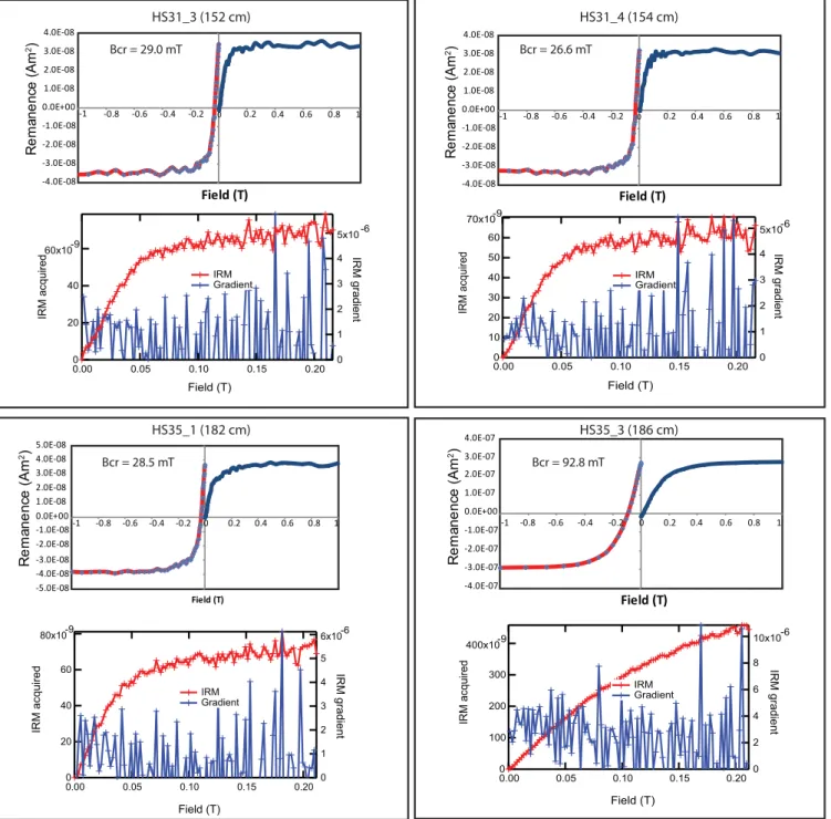 Figure 5. Isothermal remanence (IRM) acquisition curves and back field remagnetization curves for four representative specimens