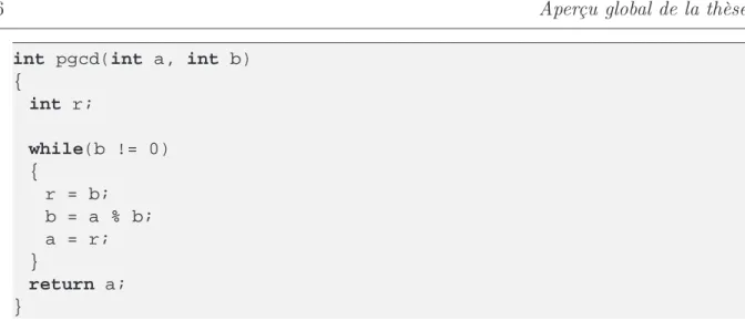 Fig. 1.1  Un alul du Plus Grand Commun Diviseur en C : pgcd . Le symbole % est