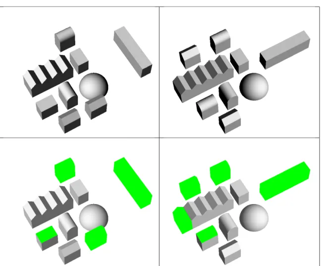 Figure 2.14 – Exemple jouet. Haut : Deux images sous des conditions diﬀérentes d’illu- d’illu-mination, avec par ailleurs quelques changements sur les scènes