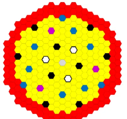 Figure 2: Configuration of ASTRID core including RBH (fuel S/As in yellow and red; RBC and RBD S/As  in black and blue; RBH in pink) 