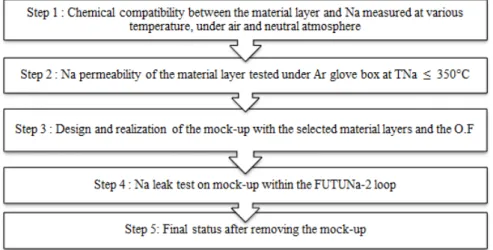 Figure 2 : R&amp;D testing program launched by CEA for the multilayer and optic fiber Na-leak detectors        The goal of the preliminary experiments performed on mock-ups (Step 4) was to validate the  multilayer  detector  concept  within  the  selection