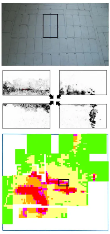 Fig.  5.  Earliest  development  of  the  method:  top:  picture  of  the  concrete  floor  of  the  installation  to  investigate,  with  screen  location;  middle:  example  of  four  adjacent  grey  level  images  obtained after DA processing, revealing