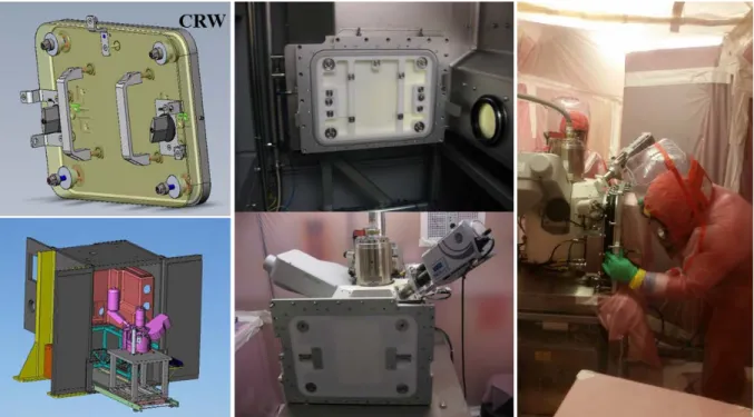 Figure 2: pictures of the CRW-door, the disconnected SEM / glove box and of a maintenance in the chamber 