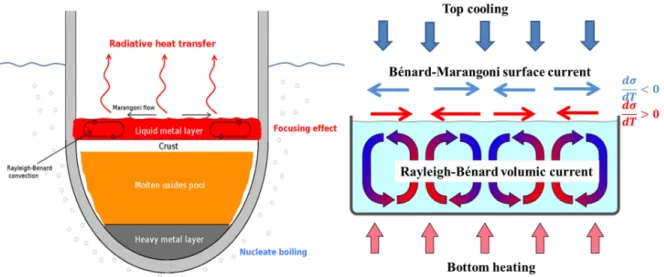 Figure 1 – The focusing effect during IVR (left) - Bénard-Marangoni current at the surface of the thin metal  layer depending on the surface tension variation with temperature (right)