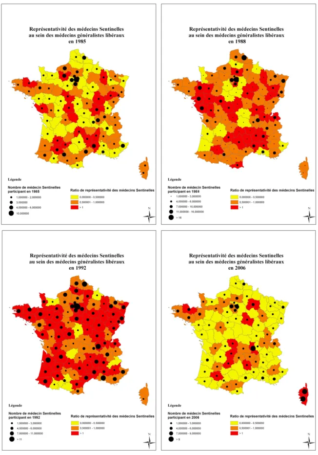 Fig. n°23 : Représentativité des médecins Sentinelles au sein des médecins généralistes  libéraux en activité pour quatre années tests 