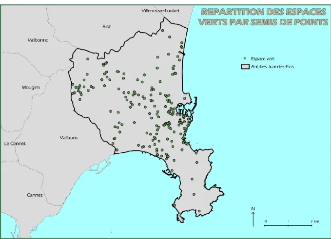 Figure 31 : Analyse de la répartition des espaces verts de la commune d’Antibes Juan-les-Pins  par semis de points 