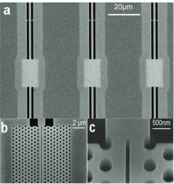 Figure 2. Scanning electron microscope (SEM) views of the fabricated slotted photonic crystal in  polycrystalline  diamond