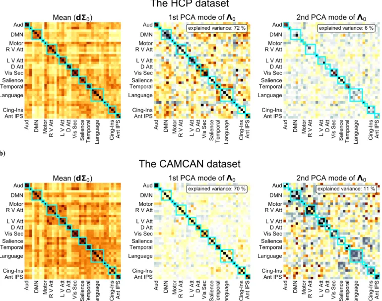 Figure D.9: Population prior distributions. Mean and covariance modes of the HCP and the CamCAN datasets.