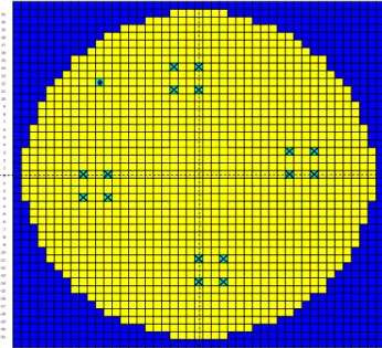 Figure 1. : Radial cross-section of the UH1.2 EPICURE reference configuration (in yellow: pin cell,  cross: guiding tubes, dark blue : reflector, red pin cell: control rod) 